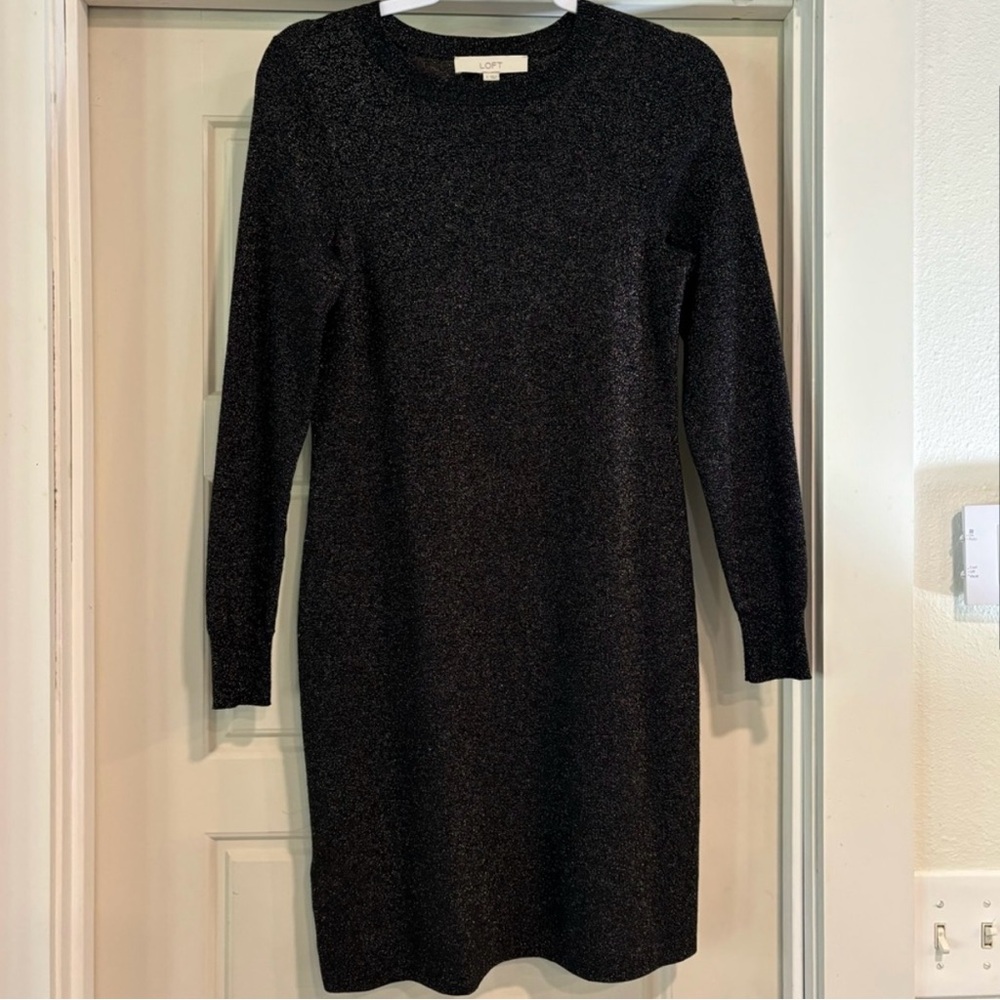 LOFT Shimmering Black Long Sleeve Mini Sweater Dress NWOT